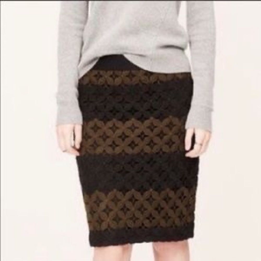 Ann taylor Loft black and olive lace lattice overlay pencil skirt